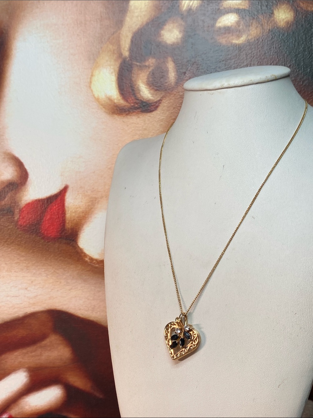 Vintage Gold Plated Heart Pendant Necklace Sapphire Cubic Zirconia